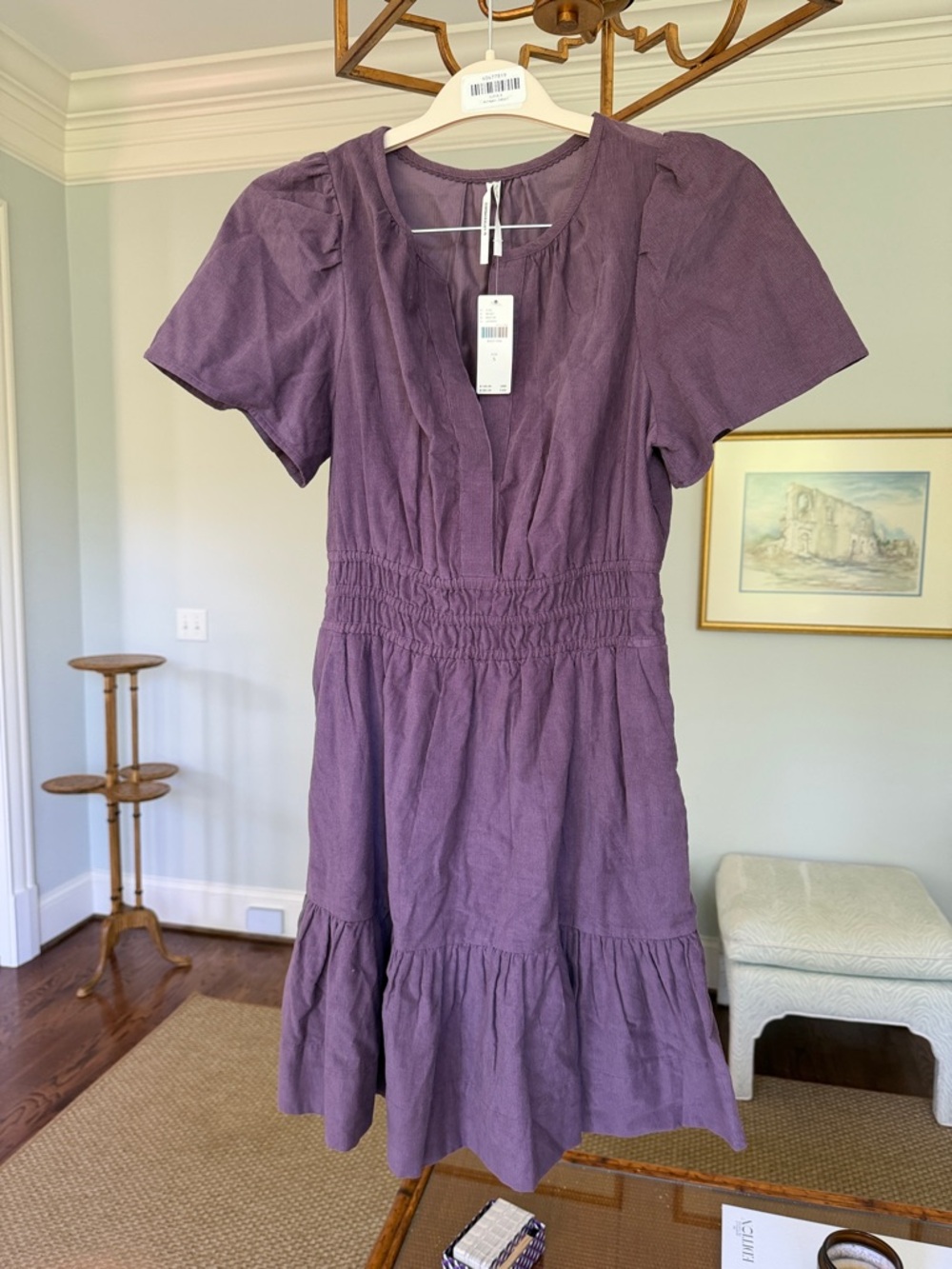 Anthropologie Somerset Purple Smocked-Waist Tiered Mini Dress